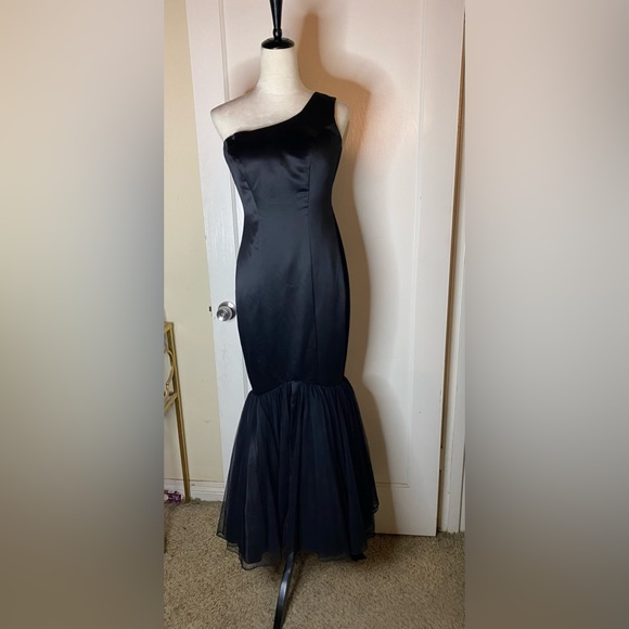 Vintage y2k Black Satin Mermaid Fishtail Evening Gown Prom Dress barbiecore noir - Picture 3 of 17